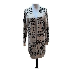 Savanna Jane Women's Beige & Black‎ Duster Cardigan Sweater Aztec Pattern Medium